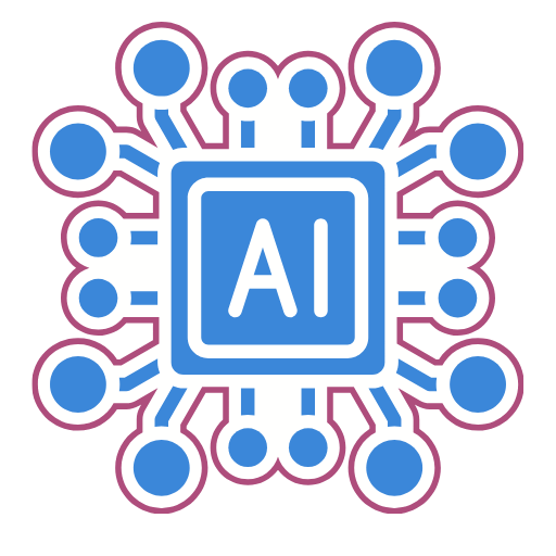 Ein blaues Mikrochip-Symbol mit "AI" in der Mitte, umgeben von verbundenen Knoten und Linien, die an ein Netzwerk oder eine Leiterplatte erinnern. Das Design ist weiß und lila umrandet, was auf künstliche Intelligenz und Technologie hindeutet.