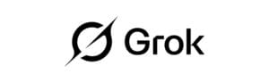 Ein stilisiertes schwarzes kreisförmiges Logo mit einer diagonalen Linie erscheint links neben dem Wort "Grok", das in fetten, modernen schwarzen Buchstaben auf weißem Hintergrund geschrieben ist.