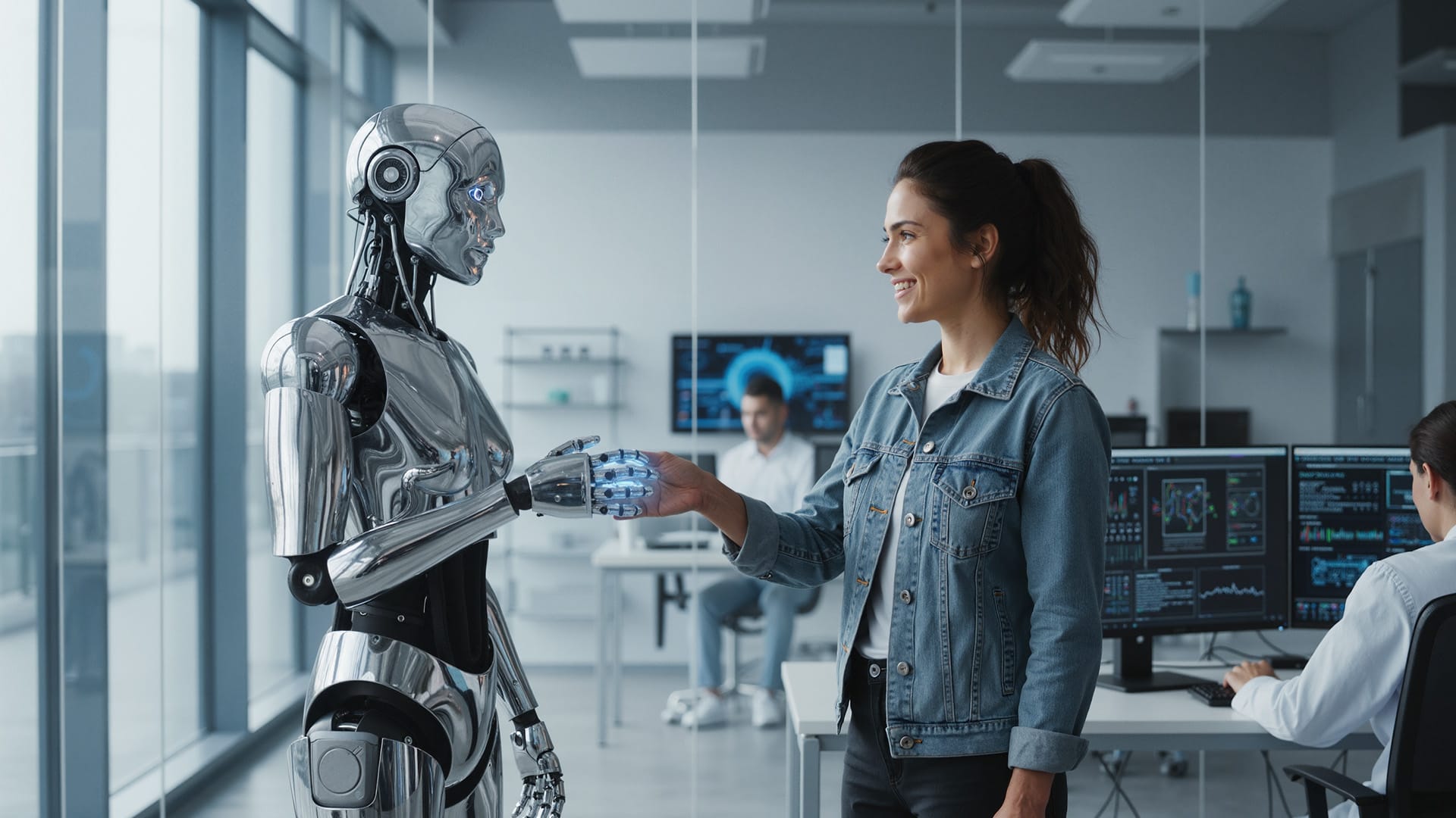 Eine lächelnde Frau schüttelt einem humanoiden Roboter in einem modernen Büro voller Computer und großer Fenster die Hand. Zwei Personen arbeiten an Schreibtischen im Hintergrund, und digitale Monitore zeigen Daten und Grafiken an, die eine futuristische, kooperative Atmosphäre schaffen.