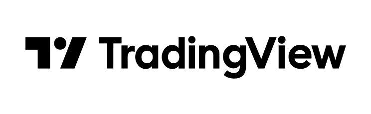 Das Bild zeigt das schwarze TradingView-Logo auf hellgrauem Hintergrund, mit einem stilisierten "TV"-Symbol auf der linken Seite und dem Wort "TradingView" in fetter, moderner Sans-Serif-Schrift auf der rechten Seite.