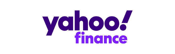 Das Bild zeigt das "Yahoo! Finance"-Logo. "Yahoo!" ist in fetten, dunkelvioletten Kleinbuchstaben mit einem Ausrufezeichen geschrieben, und "Finance" erscheint darunter in einem helleren Violett, ebenfalls in Kleinbuchstaben. Der Hintergrund ist weiß.